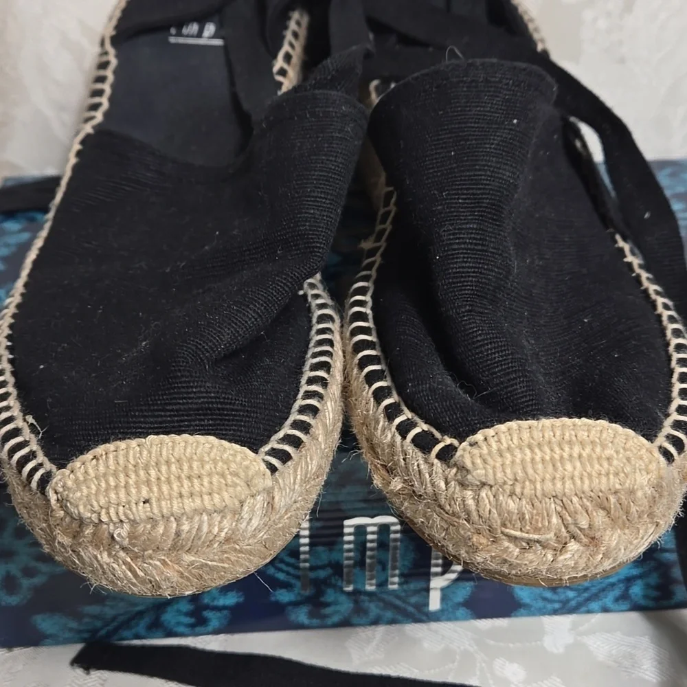 Impo Mai Tai Lace Up Black Espadrille Wedge Shoes with Woven Sole